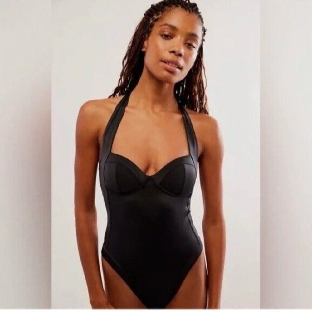 We Are HAH Size S Pull Thru 1 Piece Bodysuit Swimsuit Black Cheeky Halter NEW